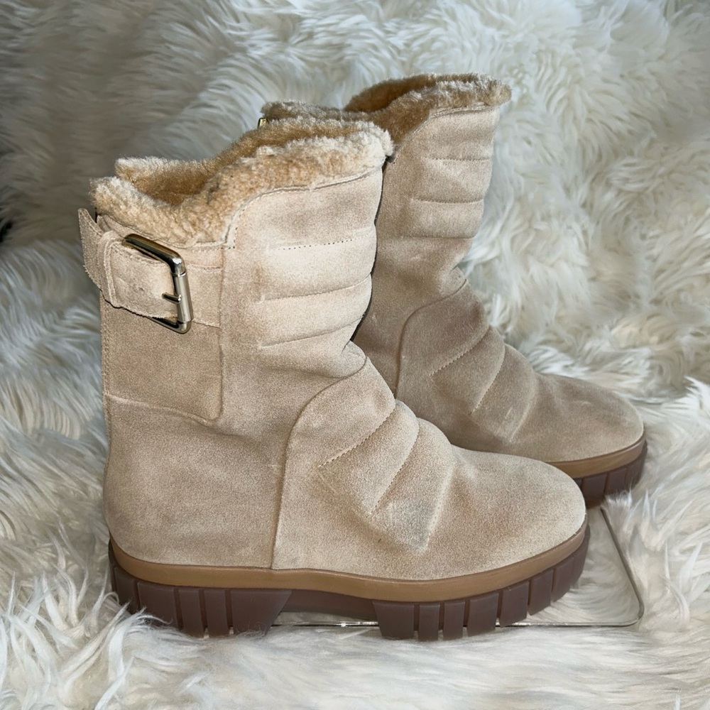 Free People Tan Motorcycle Boots with Faux Fur Opening